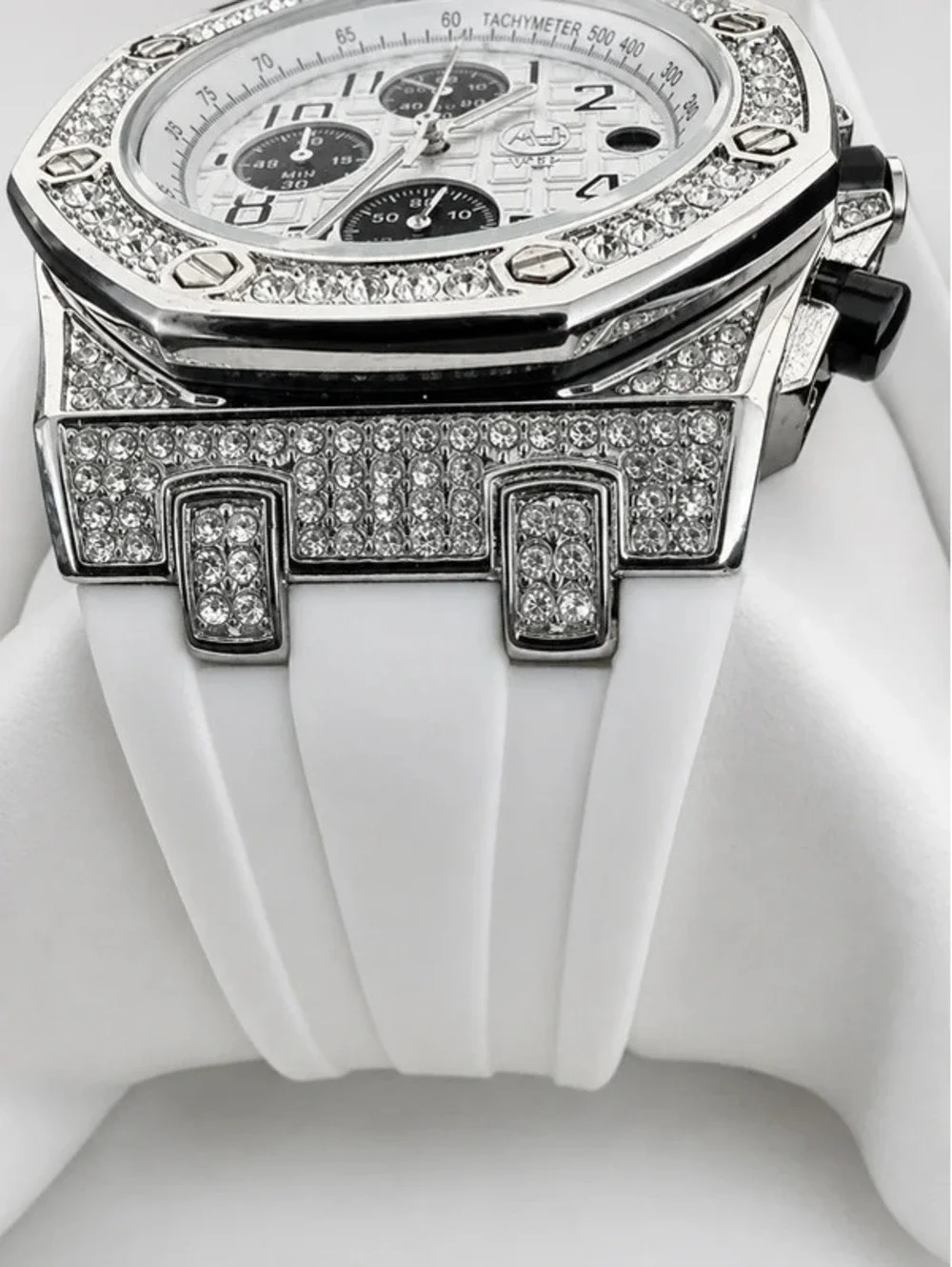 #663  AJ VIP Iced-Out Watch – 46 mm – White Band